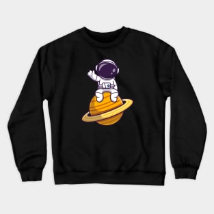 Cute Astronaut Sitting On Planet Waving Crewneck Sweatshirt